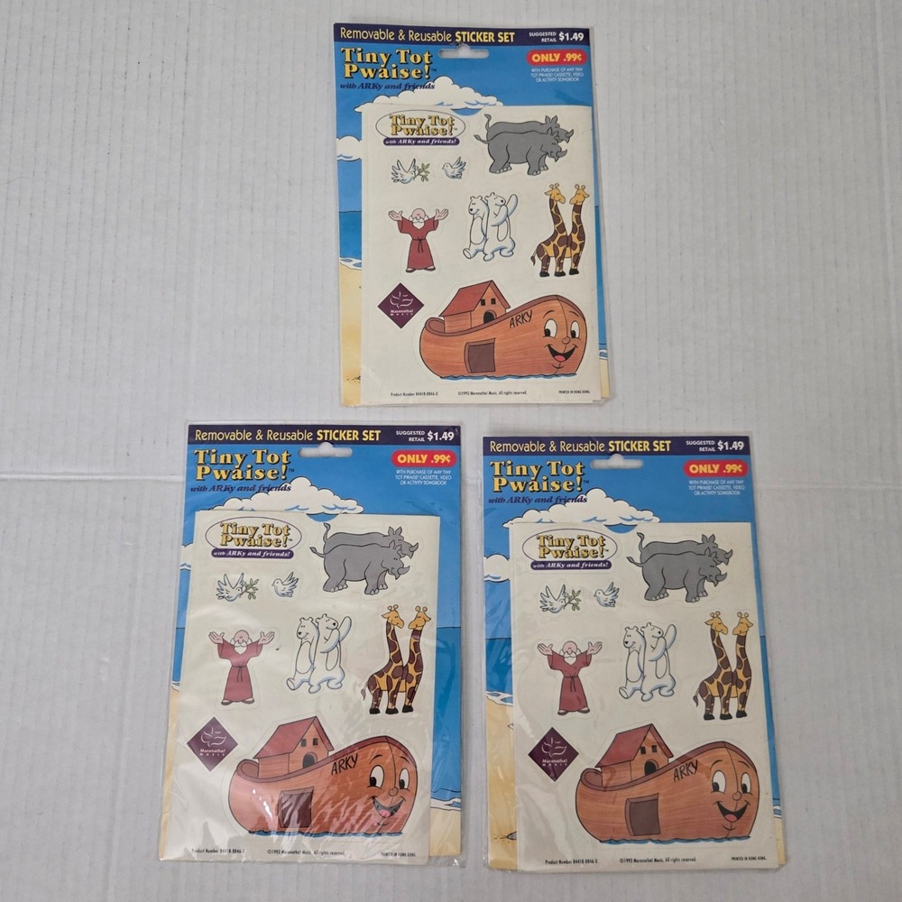 Vintage 1993 Tiny Tot Pwaise Maranatha Music ARKy Reusable Sticker Set Lot of 3